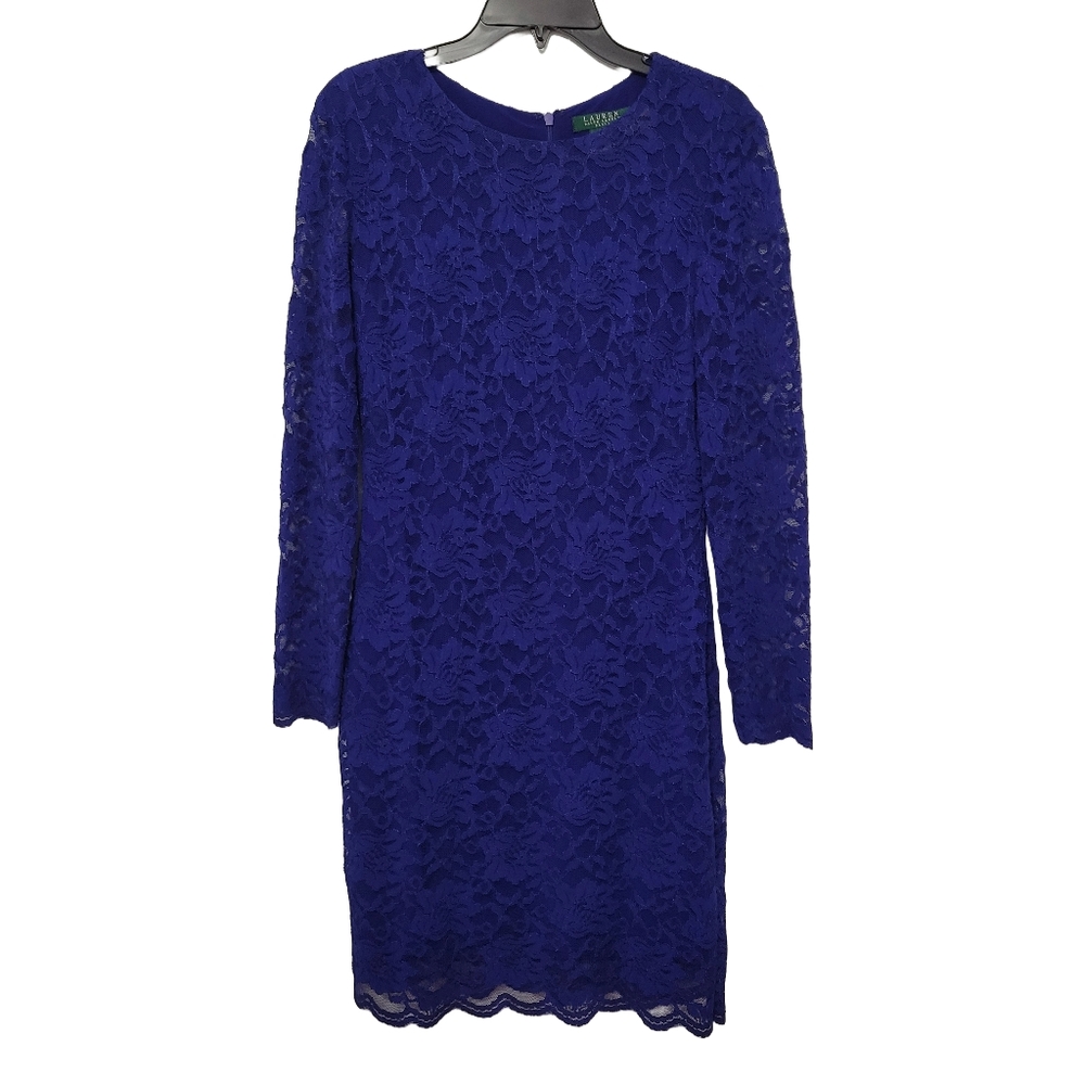 Lauren Ralph Lauren Long Sleeve Lace Sheath Dress Sz 10 Royal Blue Wedding Guest